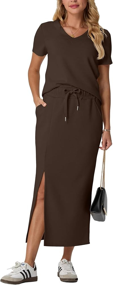 GRECERELLE Women Summer Casual 2 Piece Sets V-Neck Wrinkle-Free Top & Elastic Waist Midi Side Sli... | Amazon (US)