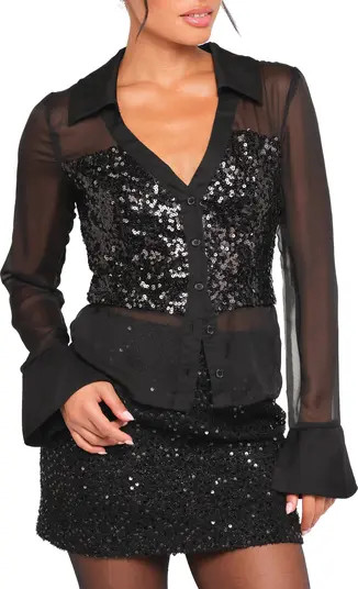 Petal & Pup Eliana Sequin Mesh Long Sleeve Button-Up Shirt | Nordstrom | Nordstrom