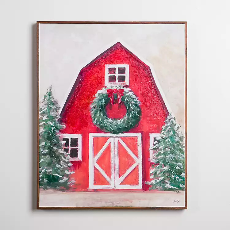 Red Christmas Barn with Trees Canvas Art Print | Kirkland's Home