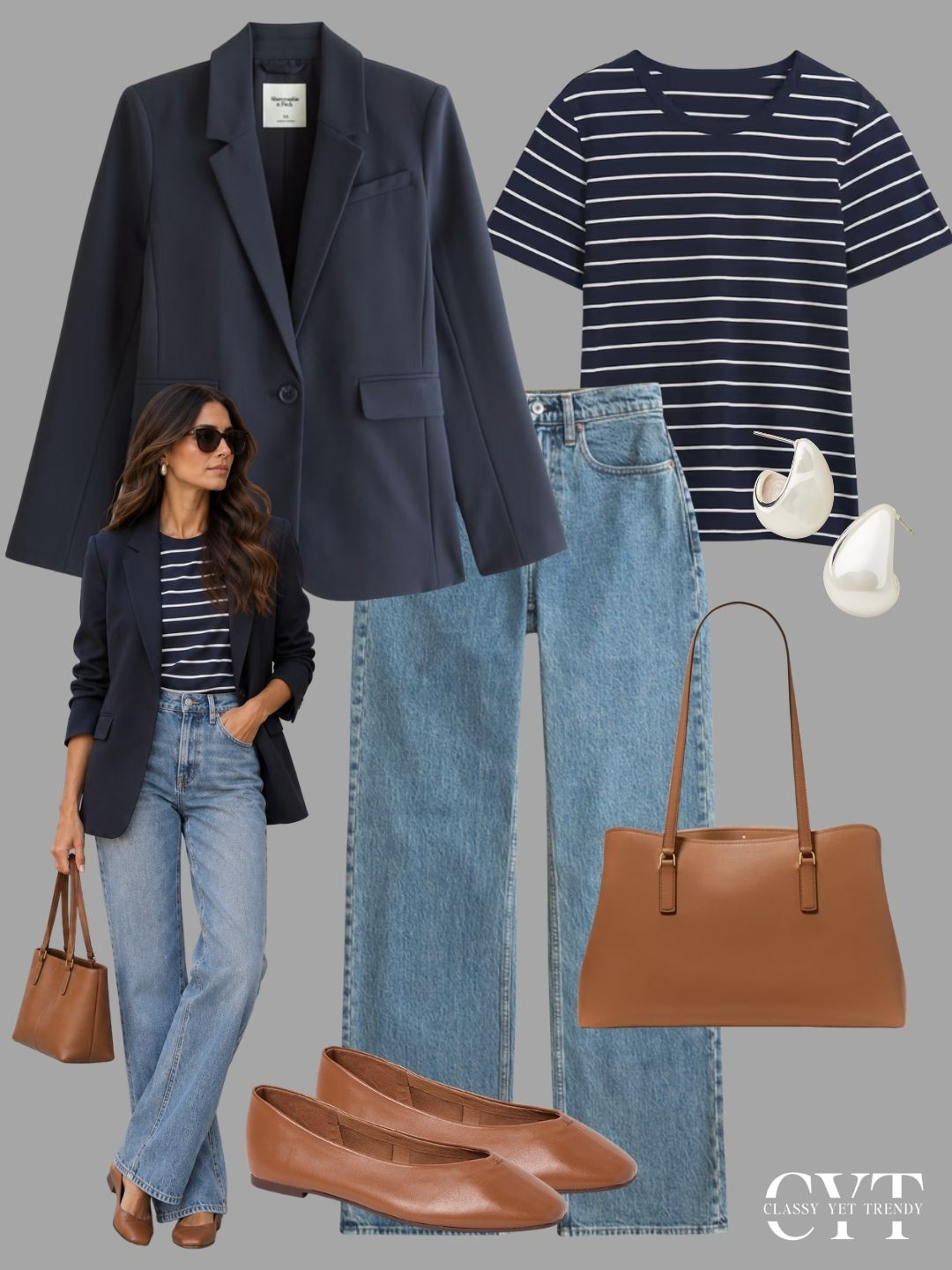 
6 outfits with a blazer and jeans ✔️ Which outfit is your favorite? black blazer, houndstooth, plaid, charcoal gray, navy, stripes, tee, sweater, black wash, medium wash, jeans, straight leg, wide leg, trouser, sneakers, mary jane, loafers, ballet flats #stripes #navy #autumnstyle #outfitinspiration #blazerstyle #balletflats 

 