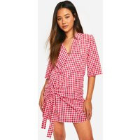 boohoo Women's Textured Gingham Wrap Dress in Red | Size: 10 | Denim | boohoo (US & Canada)