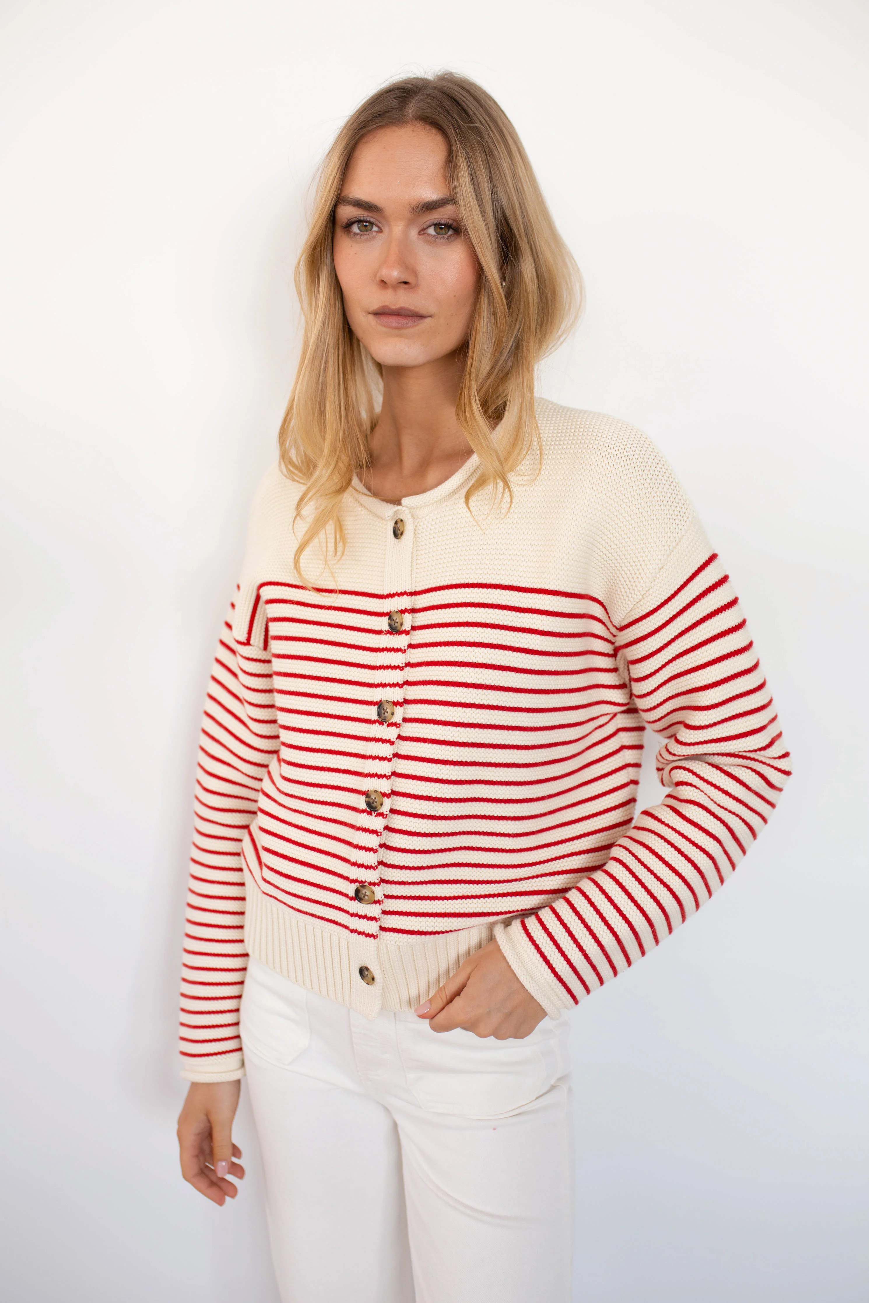 Martha Cardigan - Ivory/Red Stripe | Marea