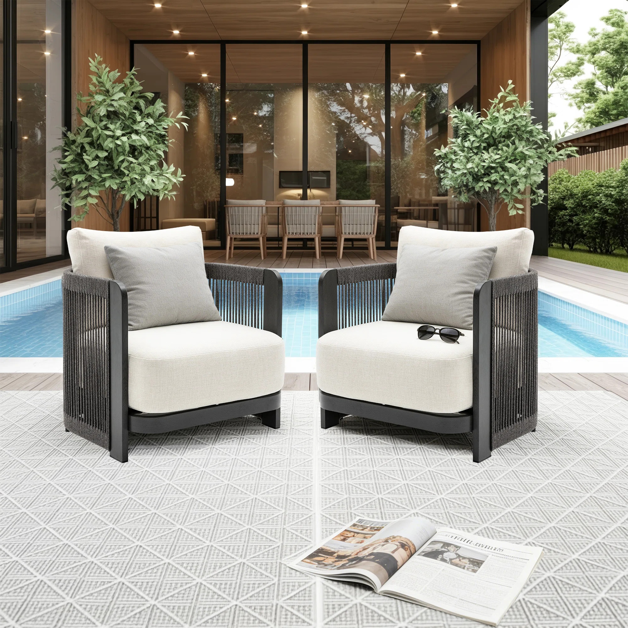 Modern Rope Woven Patio Chair with Aluminum Frame and Wood Grain;Weather-Resistant Outdoor Armcha... | Wayfair North America