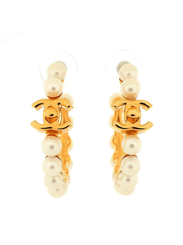 Chanel CC Turnlock Hoop Earrings Metal with Faux Pearls One Size - -16% off | ThredUp
