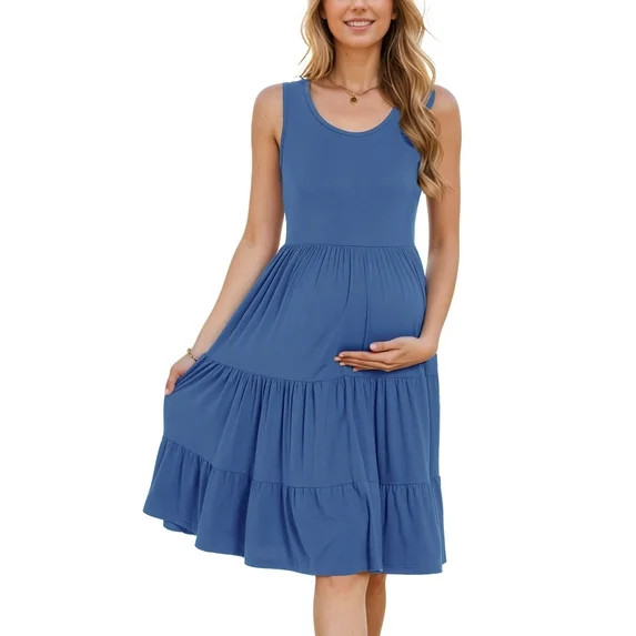 Smallshow Women's Summer Maternity Dress Sleeveless Ruffle Tank Dress with Pockets | Walmart (US)