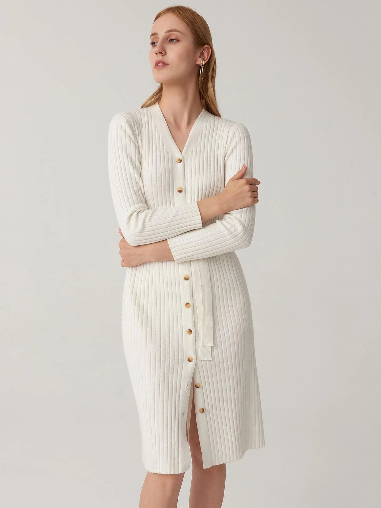 SHEIN Button Front Self Belted Rib-knit Sweater Dress | SHEIN