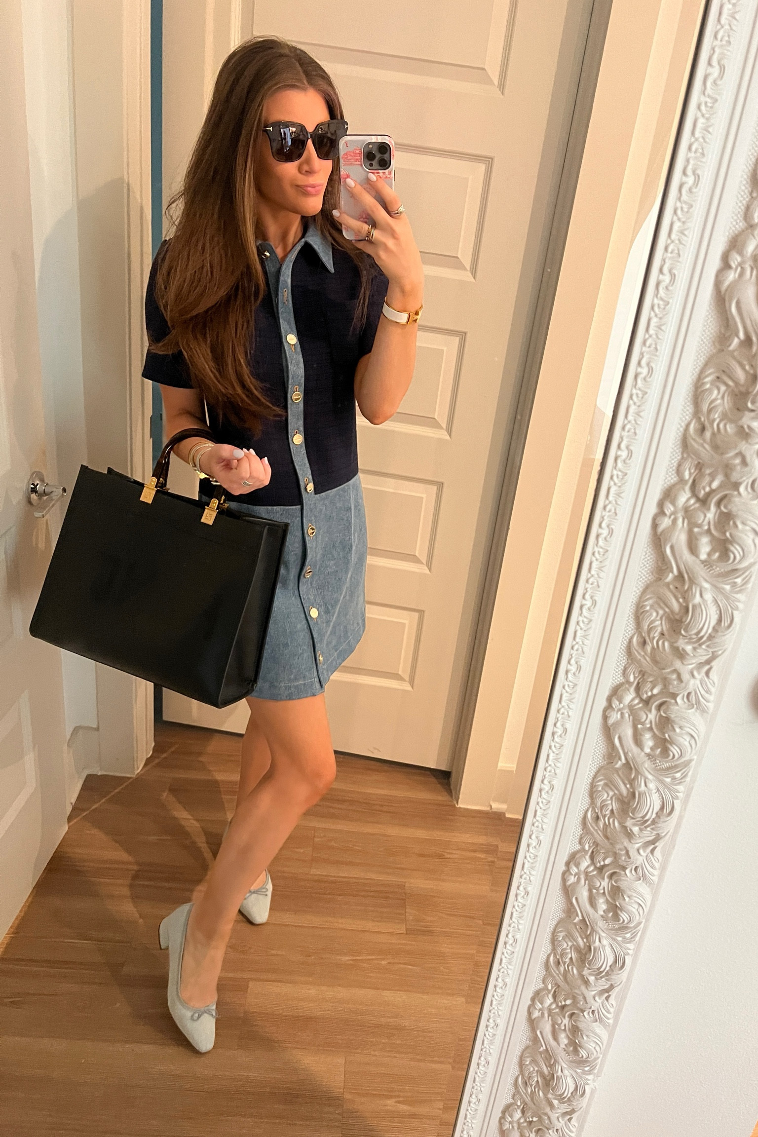 My office look for today! Cutest dress that’s now on SALE! Denim material with tweed at the top to dress it up! I sized up for length. I paired this dress with my new favorite work shoe from Veronica Beard…. ALSO ON SALE! Light washed denim ballerina styled heel. It is the most comfortable shoe ever. I am a 9 but sized down to an 8.5 in these. I linked both Saks and Shop Bop for a variety of sizes and prices. Saks has this shoe discounted even more! 