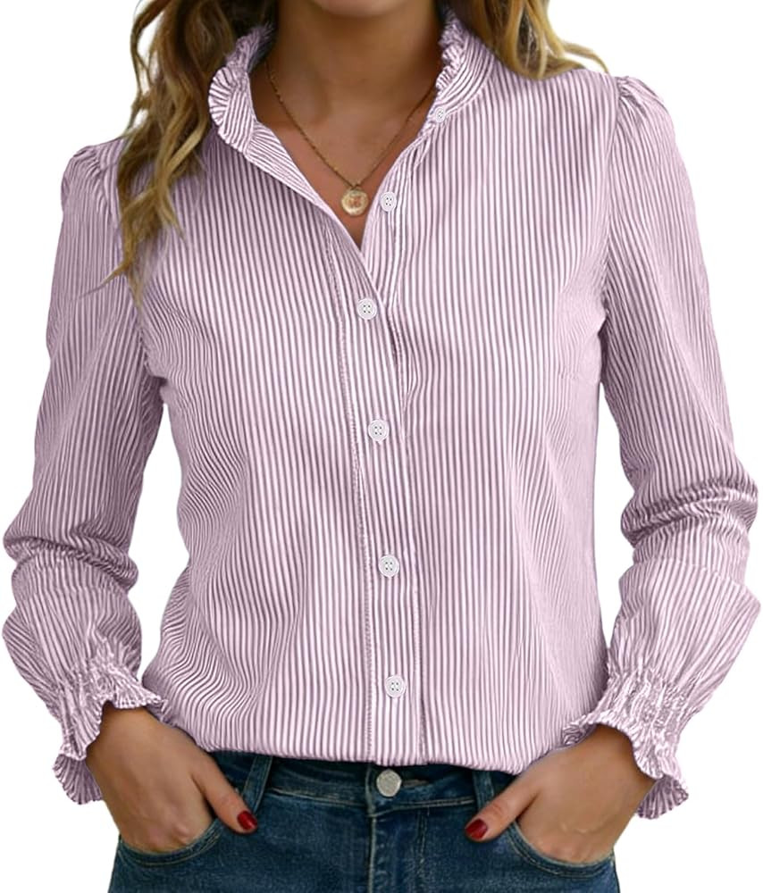 Funlingo Women's Striped Button Down Shirts Long Sleeve Smocked Cuffed Ruffle Collar Blouses Spri... | Amazon (US)