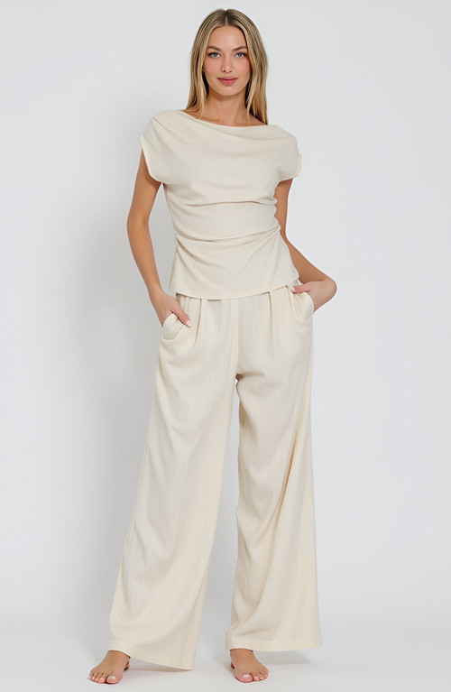 Modenaire Draped Short Sleeve Top and Wide Leg Pants Lounge Set in Off White at Nordstrom, Size Large | Nordstrom