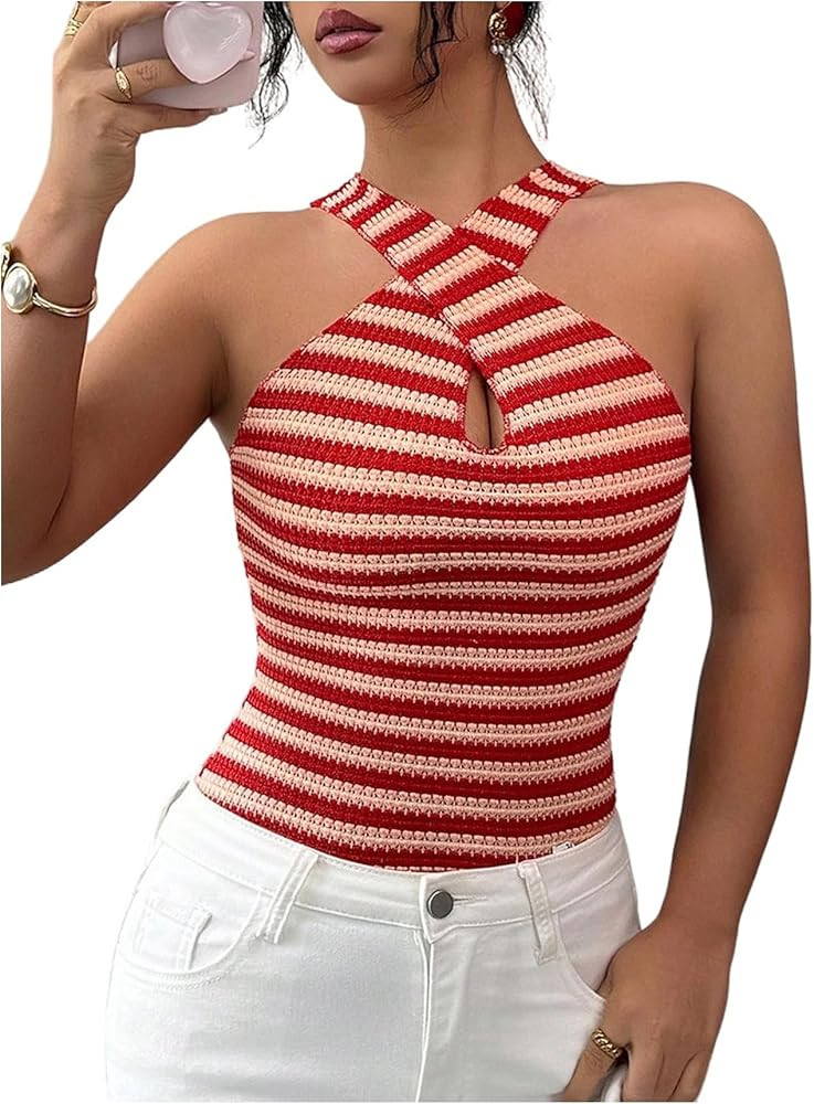SweatyRocks Women's Crisscross Wrap Tank Tops Sleeveless Striped Knit Going Out Tops Summer Beach... | Amazon (US)