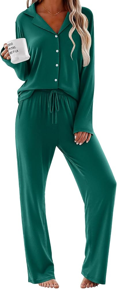 Ekouaer Women Pajamas Set Long Sleeve Sleepwear Button Down Pjs Soft 2 Piece Loungewear with Long... | Amazon (US)