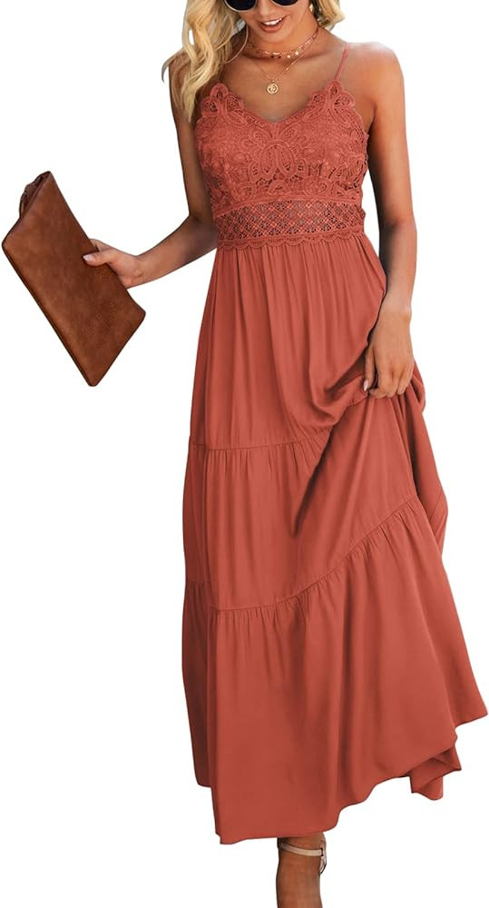 Dokuritu Women's Beach Crochet Lace Maxi Dress Solid Color Summer Vacation Spaghetti Strap Long D... | Amazon (US)