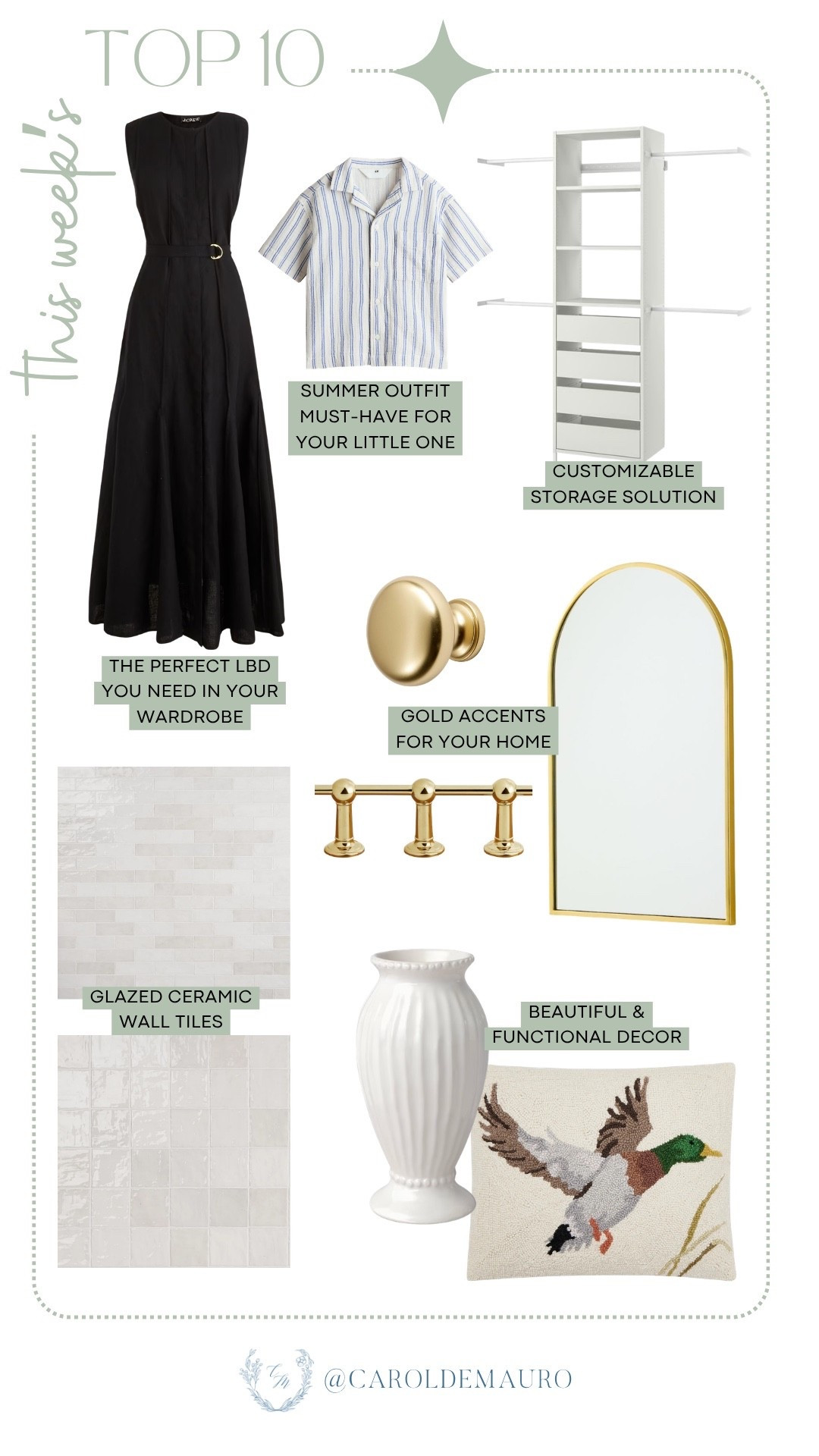 This week's top picks feature the perfect little black dress, a striped linen top for your little boy, a customizable storage solution, and glazed ceramic wall tiles! Give your space a glow-up with beautiful yet functional decor — think gold accents, an arched mirror, and a classic white vase.

top 10, bestsellers, summer outfit, kids fashion, storage tips, bathroom accessories, wall inspo, living room decor, home improvement

#LTKSeasonal #LTKU #LTKHome