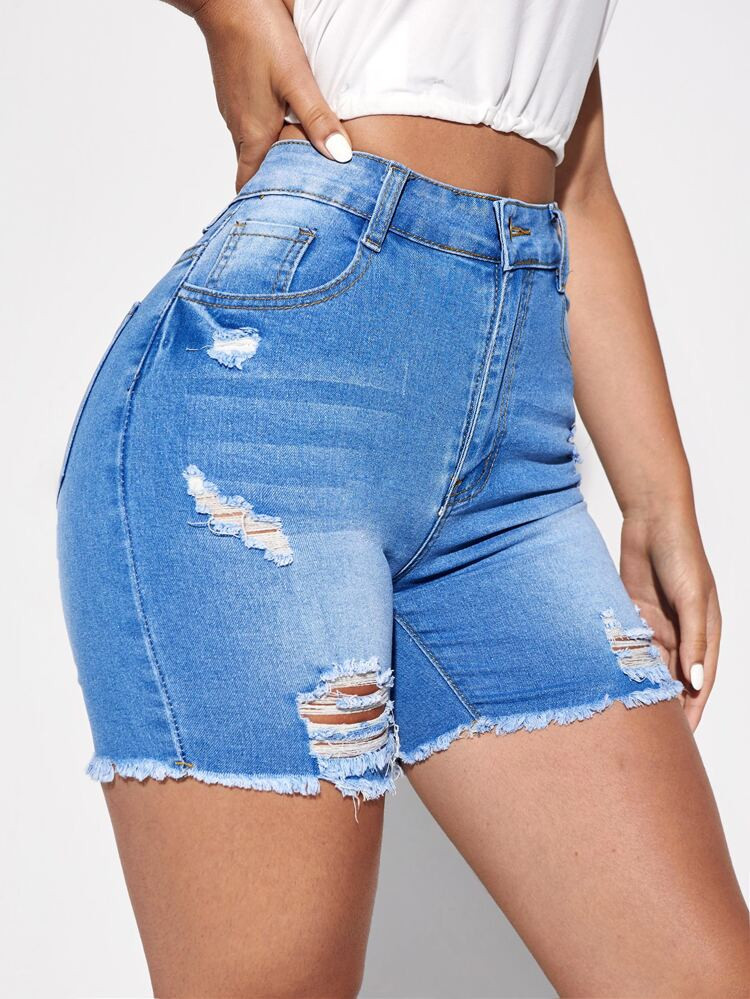 Raw Hem Ripped Denim Shorts | SHEIN