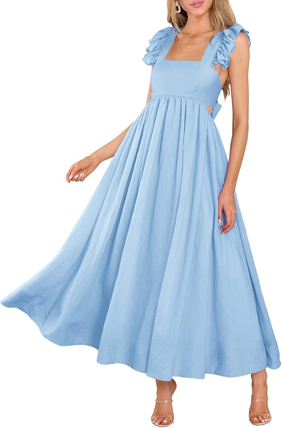 MITILLY Women's Summer Flutter Sleeve Square Neck Tie Back Casual Pleated A-Line Flowy Maxi Dress... | Amazon (US)