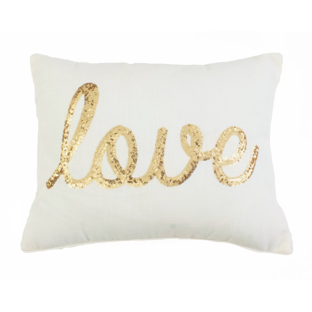 14""x18"" Love Sequin Script Faux Linen Throw Pillow White/Gold - Décor Therapy | Target