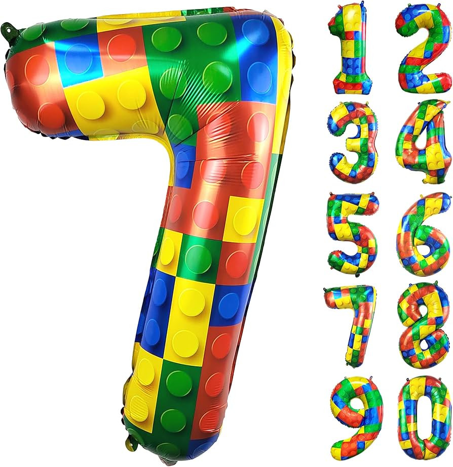 32 Inch Building Block Number 7 Balloons 7 year birthday Block Themed Large Big Helium Foil Mylar... | Amazon (US)