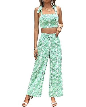 Floerns Women's 2 Piece Boho Floral Print Knot Shoulder Zip Back Crop Cami Top and Maxi Pants Set | Amazon (US)