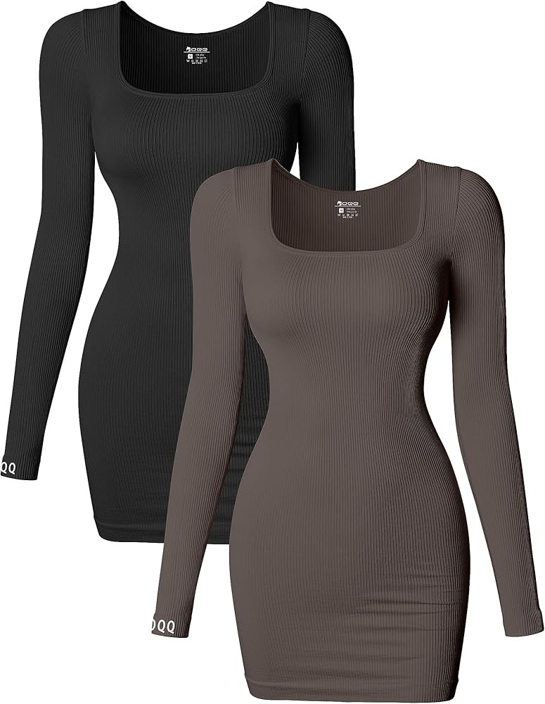 OQQ Women's 2 Piece Dresses Sexy Ribbed Long Sleeve Square Neck Tops Mini Dress | Amazon (US)