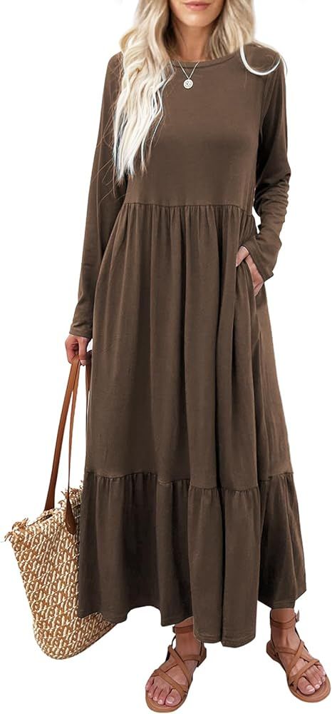 Women's Long Sleeves Maxi Dress Casual Loose Tiered Flowy Swing Beach Long Dresses with Pockets | Amazon (US)