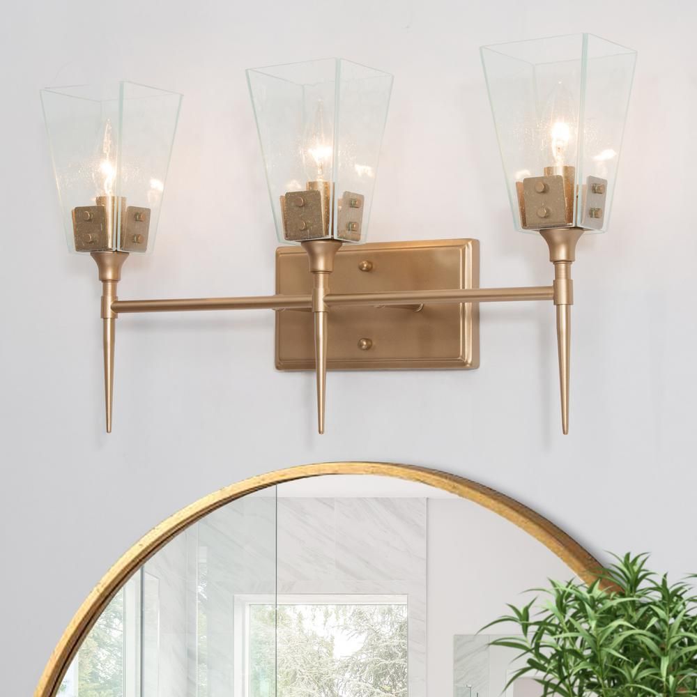 Modern Brass Bathroom Vanity Light Ada 3-Light Indoor Wall Sconce Bath Bar Vanity Light with Clea... | The Home Depot