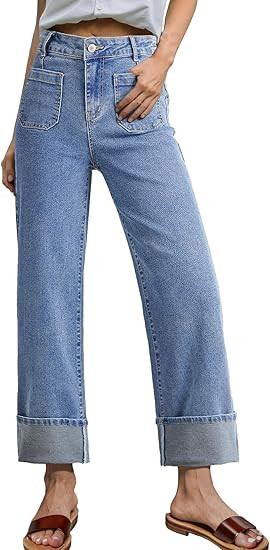 EVALESS Womens Jeans High Waisted Stretchy Cuffed Wide Leg Denim Pants with Pockets | Amazon (US)