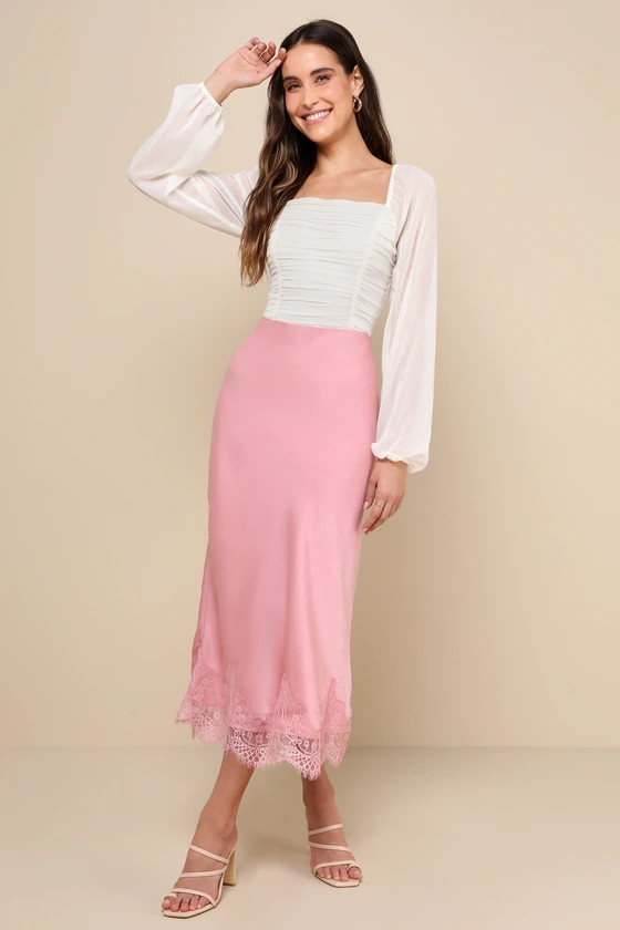 Blissful Nature Blush Pink Satin Lace High-Rise Midi Skirt | Lulus