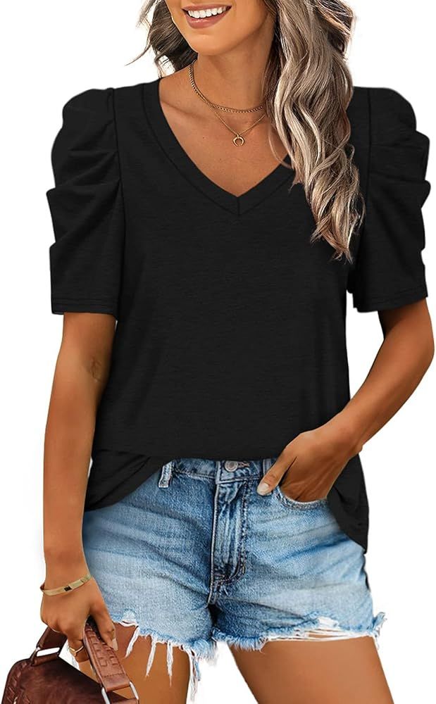 XIEERDUO Womens Summer Shirt V Neck Casual Tshirs Puff Sleeve Tops for Women Solid Color S-2XL | Amazon (US)