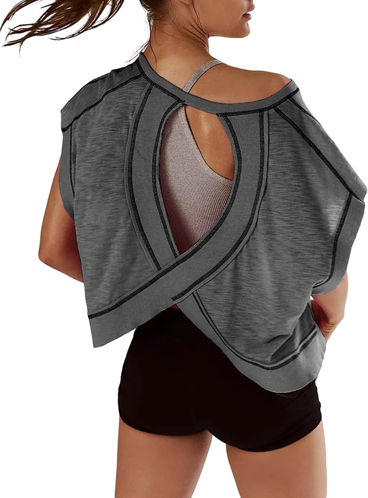 Kumufenc Women Short Sleeve Workout Shirts Open Back Tops Casual Yoga Y2k Athletic Gym Slouchy Cr... | Amazon (US)