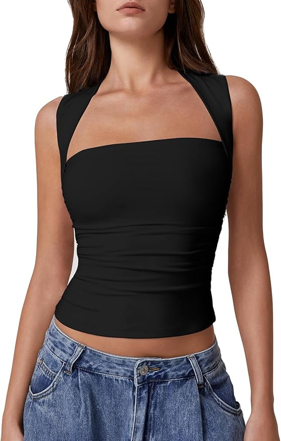 QINSEN Womens Square Neck Tank Tops Side Ruched Double Lined Slim Fit Summer Going Out Crop Top | Amazon (US)