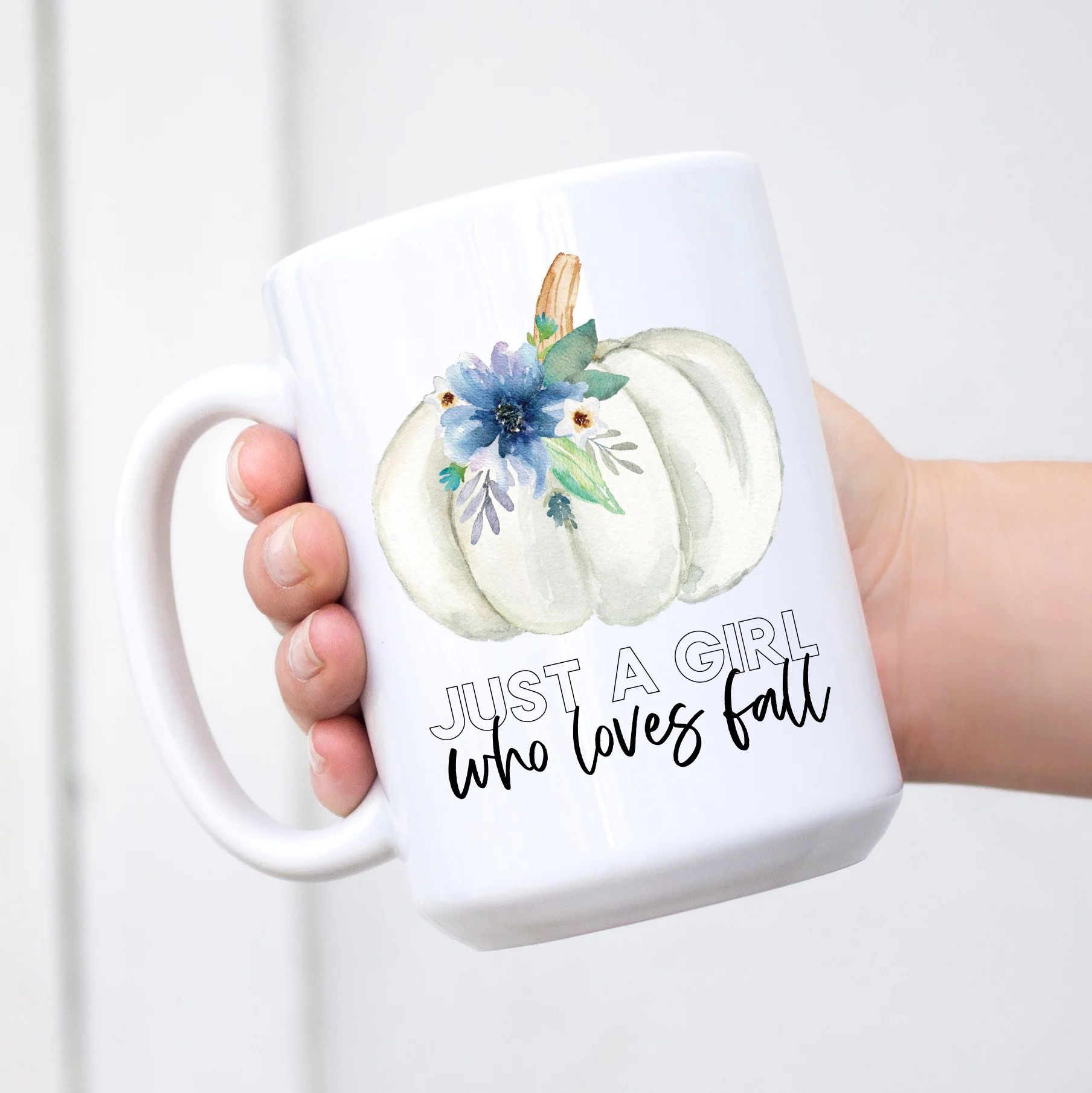 Just a girl who loves fall White/Blue Pumpkin Mug | Sweet Mint Handmade Goods