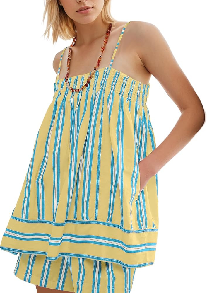MISSACTIVER Women Sleeveless Striped Tunic Tank Top Summer Color Block Smocked Spaghetti Strap Ca... | Amazon (US)