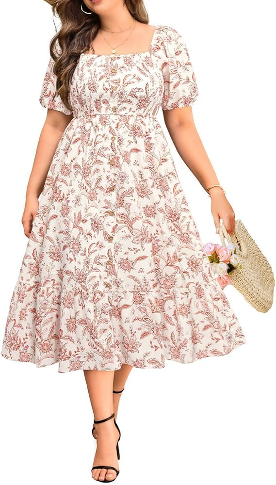 Plus Size Summer Dresses - Boho Casual Wedding Guest Midi Flowy Short Sleeves Smocked Button Down... | Amazon (US)