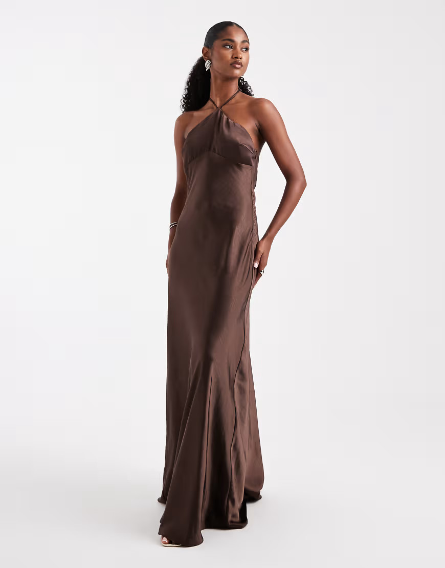 Six Stories Bridesmaid satin halterneck maxi dress in chocolate-Brown | ASOS (Global)