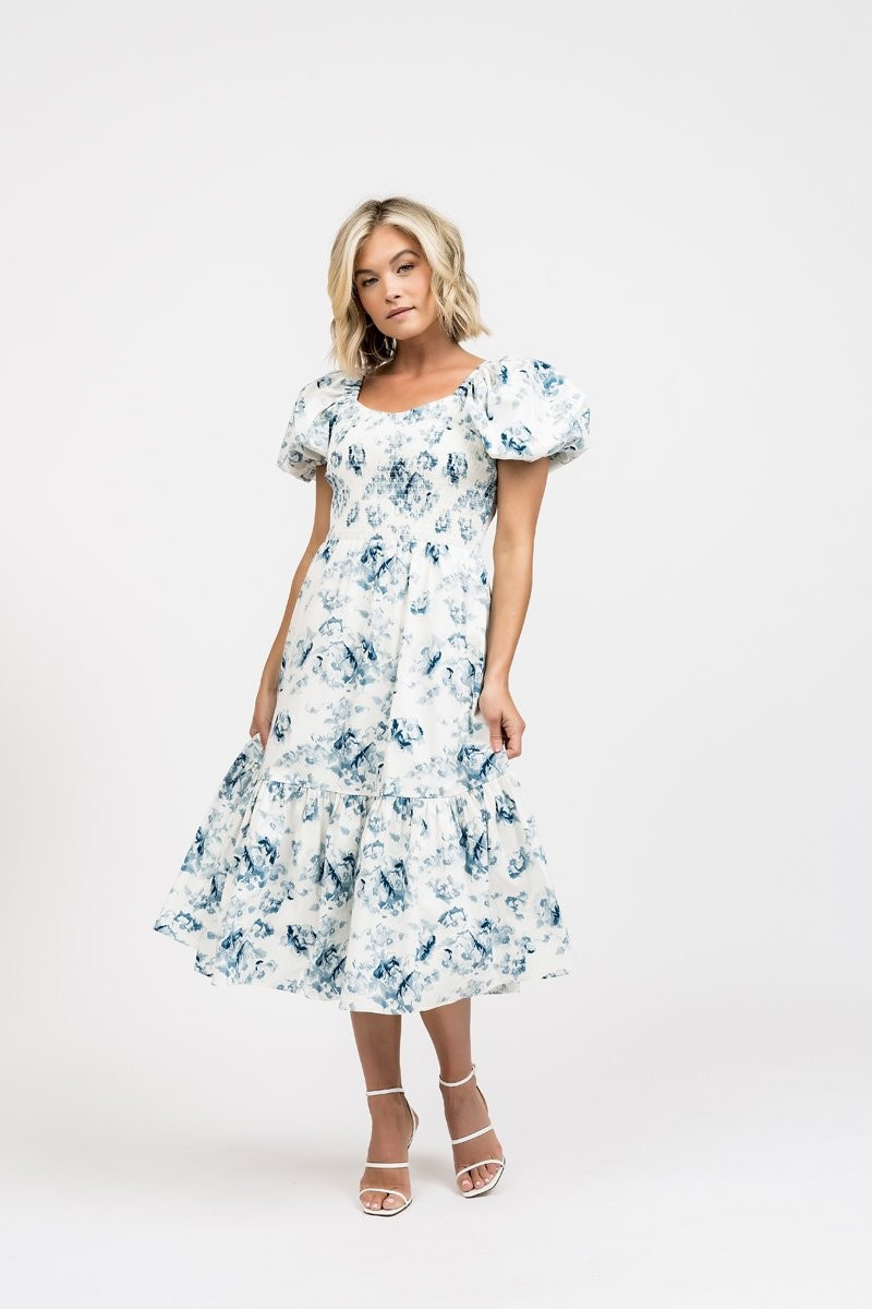 Puff Sleeve Smocked Midi Dress- Blue Floral | Rachel Parcell