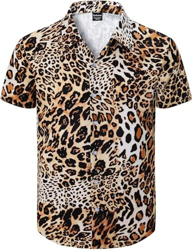 Fashonal Mens Leopard Print Shirt, Animal Cheetah Casual Button Down Short Sleeve Shirt, Leopard Design-Brown Size 3XL | Amazon (US)