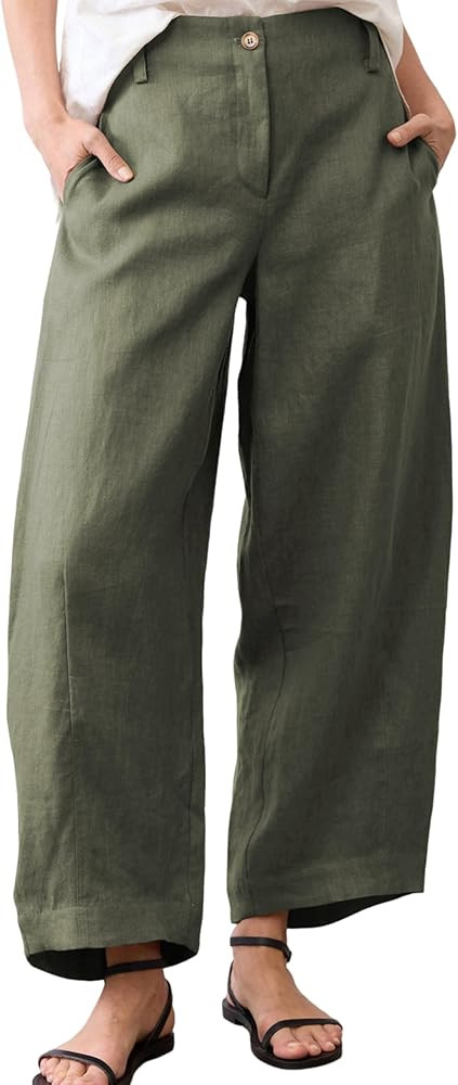 Xiaoxuemeng Linen Pants Women Wide Leg Capri Beach Pants Elastic Waisted Baggy Linen Trousers | Amazon (US)