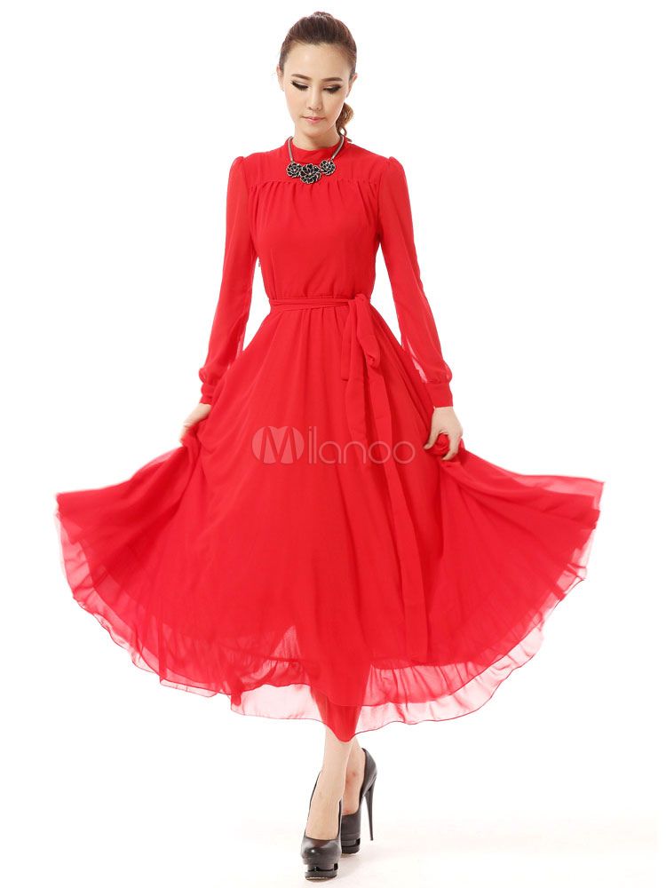 Red Maxi Dress Ruffles Slim Fit Chiffon Dress | Milanoo