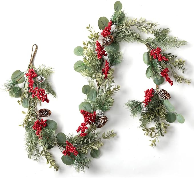 LOHASBEE Artificial Christmas Garland, 5 Feet Pine Cone Eucalyptus Garland with Red Berries, Bell... | Amazon (US)