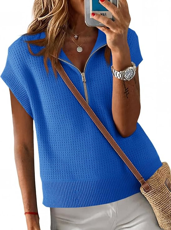 Langwyqu Womens Short Sleeve Cropped Knit Tops Half Zip Cap Sleeve Lightweight Oversized Sweater ... | Amazon (US)
