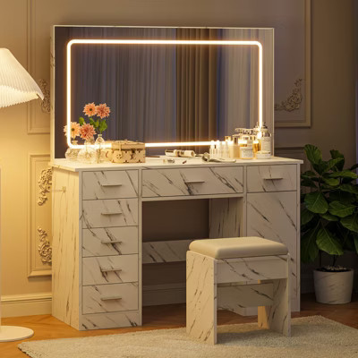 Vanity Desk with Mirror & Lights,Makeup Vanity with 7 Drawers,3 Light Mode & Brightness Adjusted,with Hairdryer Holder for Bedroom-Imitation marble | Target