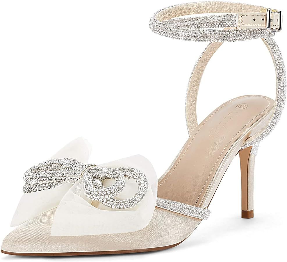 Coutgo Bow Heels for Women Rhinestone Satin Bridal Wedding Shoes Strappy Closed Toe Sandals Stile... | Amazon (US)