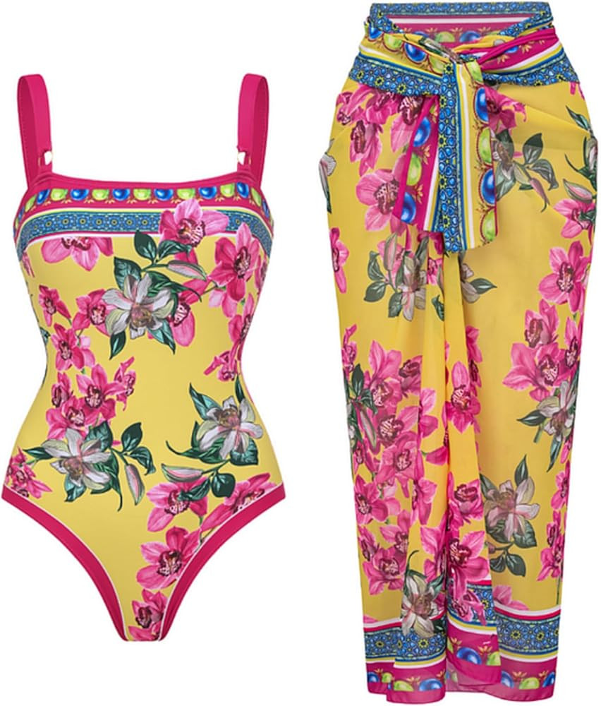 FLAXMAKER Women's Swimsuit Orchid Print One Piece Vintage Retro Swimsuit with Skirt/Sarong | Amazon (US)