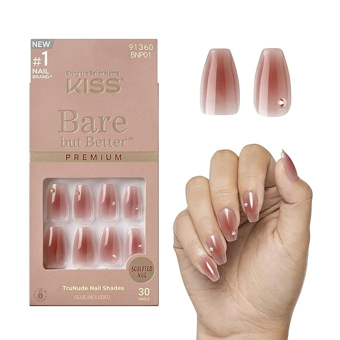 KISS Bare but Better, Press On Nails, Nail glue included, 'Shine', Dark Pink, Medium Size, Coffin... | Amazon (US)