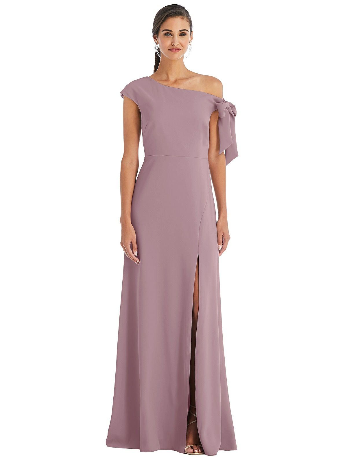 Off-the-Shoulder Tie Detail Maxi Dress with Front Slit | The Dessy Group