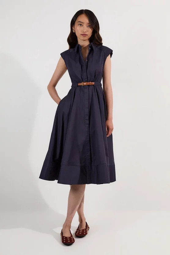 Tailored Cotton Belted Collared Full Midi Dress | Karen Millen UK + IE + DE + NL