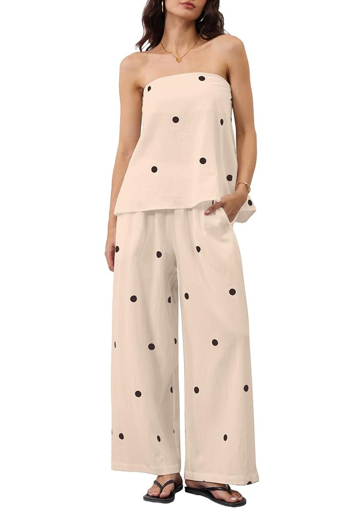 Women 2 Piece Polka Dot Tube Top Set Strapless Bandeau Blouse Wide Leg Spot Print Pants Outfits S... | Amazon (US)