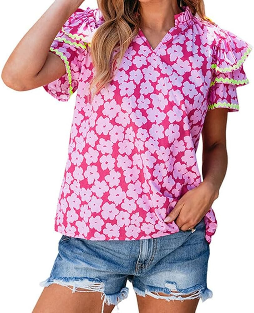Women's Short Sleeve V Neck Casual Top Floral Print Layered Ruffle Sleeve Trim Blouse Loose Flowy... | Amazon (US)