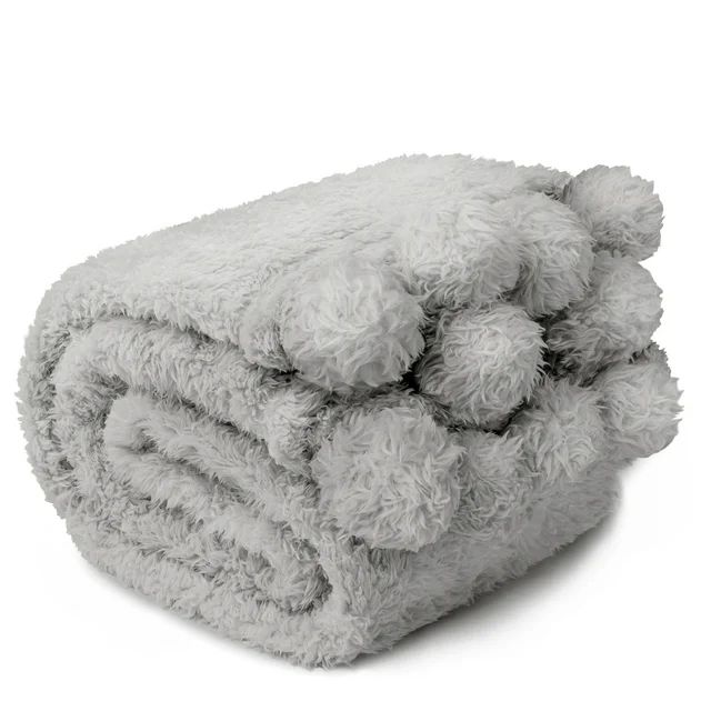 PAVILIA Light Gray Sherpa Throw Blanket with Soft Pom Pom Fringe, Plush Cozy Warm Blankets for Co... | Walmart (US)