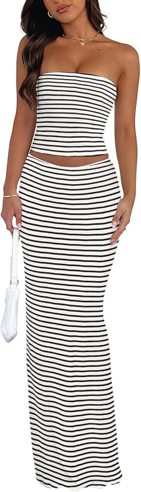 2 Piece Skirt Sets for Women Summer, Floral Sleeveless Tube Top Bodycon Maxi Skirts Y2k Vacation ... | Amazon (US)